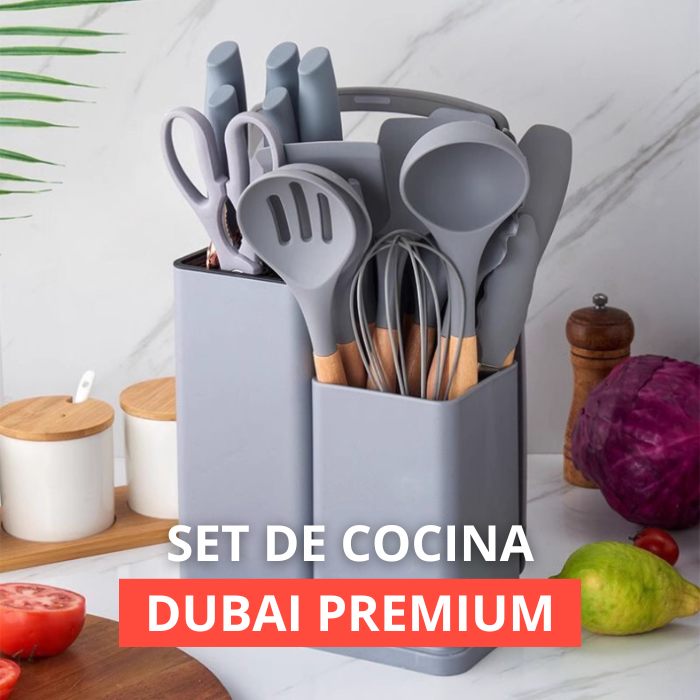 SET DE COCINA DUBAI - 14 UTENSILLOS EN SILICONA + 5 CUCHILLOS EN ACERO INOXIDABLE - KIT COMPLETO - ANIVERSARIO DE TIENDA - CONTRA ENTREGA Y ENVÍO GRATIS SOLO POR HOY!