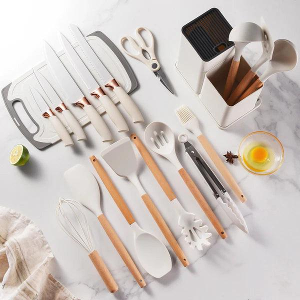SET DE COCINA DUBAI - 14 UTENSILLOS EN SILICONA + 5 CUCHILLOS EN ACERO INOXIDABLE - KIT COMPLETO - ANIVERSARIO DE TIENDA - CONTRA ENTREGA Y ENVÍO GRATIS SOLO POR HOY!