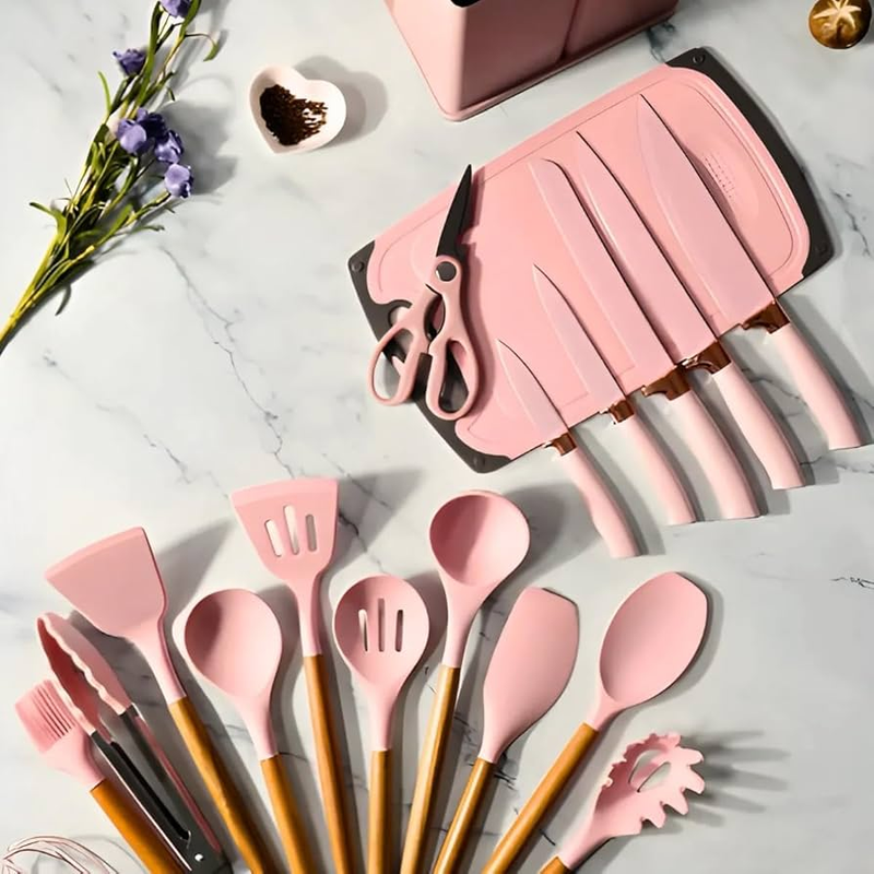 SET DE COCINA DUBAI - 14 UTENSILLOS EN SILICONA + 5 CUCHILLOS EN ACERO INOXIDABLE - KIT COMPLETO - ANIVERSARIO DE TIENDA - CONTRA ENTREGA Y ENVÍO GRATIS SOLO POR HOY!
